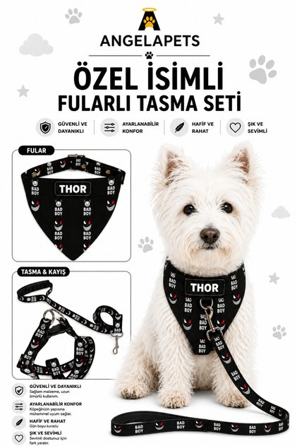 ÖZEL İSİMLİ AYARLANABİLİR FULARLI GÖĞÜS TASMASI VE KAYIŞ SETİ