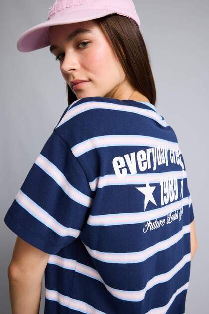 100% Cotton Oversized Crew Neck Back Printed Short Sleeve Navy Blue T-Shirt H4195Ax26Au