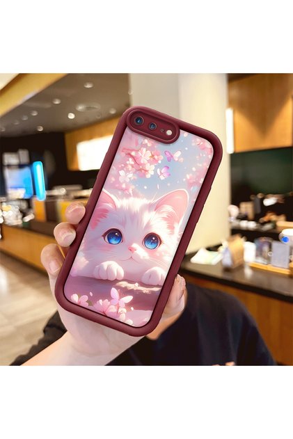 iPhone 8 Plus Compatible Case Camera Protector Burgundy Silicone Couple Phone Case Cat Pattern
