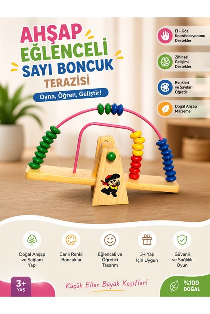 Ahşap Boncuklu Terazi Oyuncağı Montessori Eğitici Oyuncak Sayı Sayma 3+ Yaş
