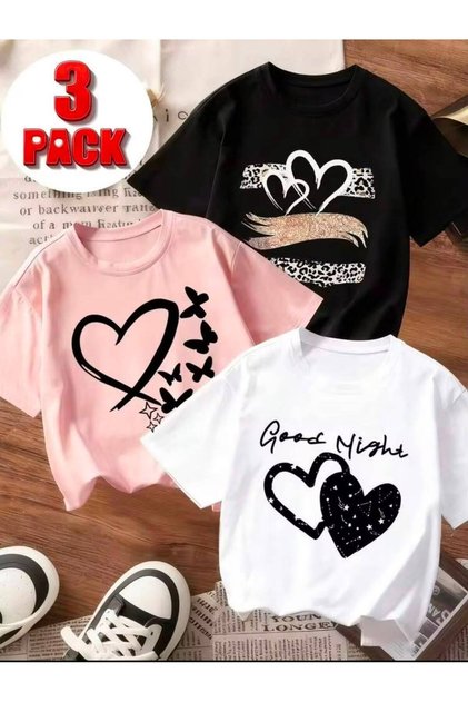 Girl's 3-Pack Good Night and Hearts Crewneck T-Shirt (Black-White-Pink)
