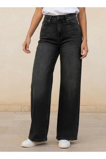 Wide Leg Button Waist Jeans with Pockets Cotton