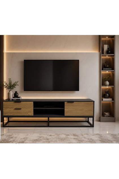 Modern Wooden Tv Cabinet-180 Cm-With Solid Base and Vertical Lines Drawers