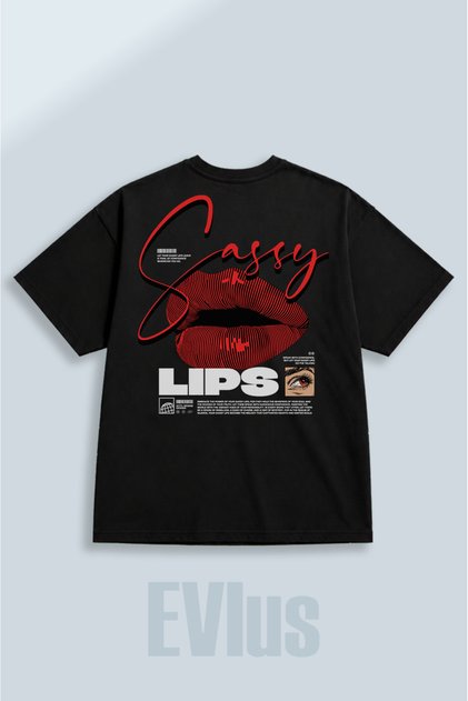 Oversize Sassy Lips Printed 100% Cotton Crew Neck Loose Fit Black T-Shirt
