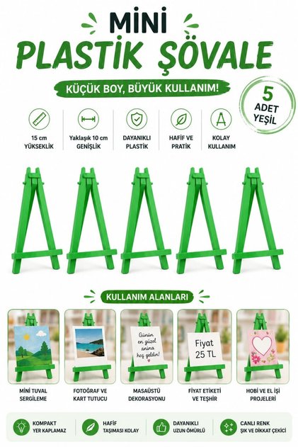 Mini Plastik Şövale 15 cm Yeşil 5 Adet