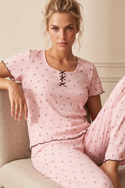Pink Floral Patterned Bowknot Pointelli Knitted Pajama Set 26120660