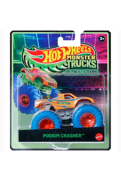 Mașină Hot Wheels, Monster Truck, Strălucitor în întuneric, Podium Crasher, JFX12