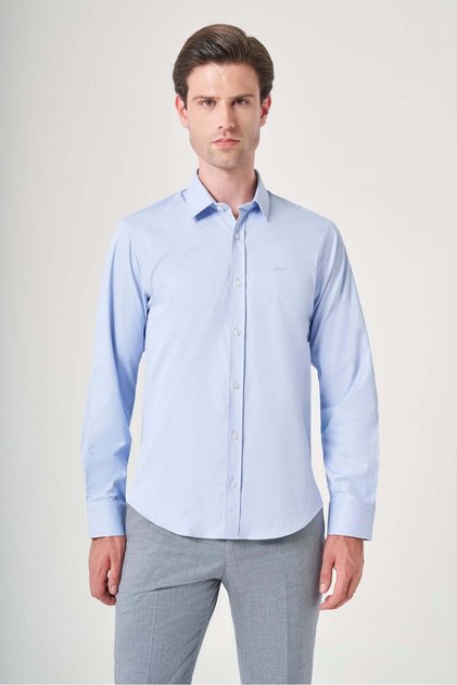 Blue Hard Collar Long Sleeve Pocketless Slim Fit Cotton Shirt 1004260213