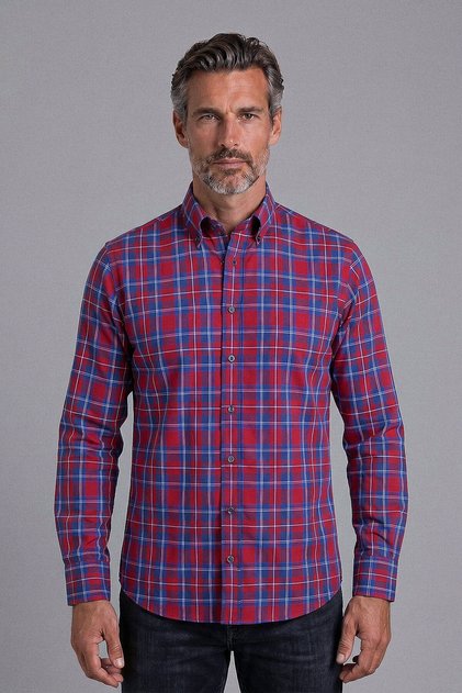 Red Regular Fit Pocketless Long Collar Shirt