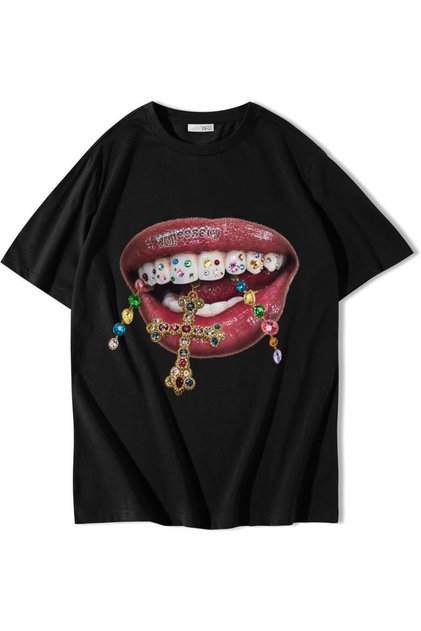 Unisex Oversize Grillz Colorful Stone Lip Pattern T-Shirt Black