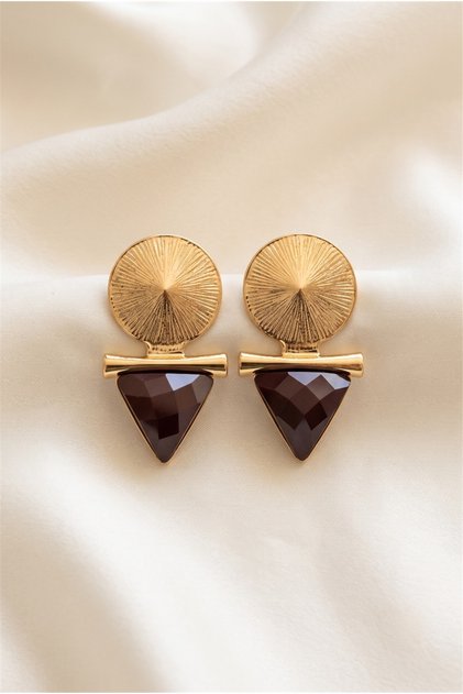 Burgundy Triangle Stone Textured Round Geometric Earrings