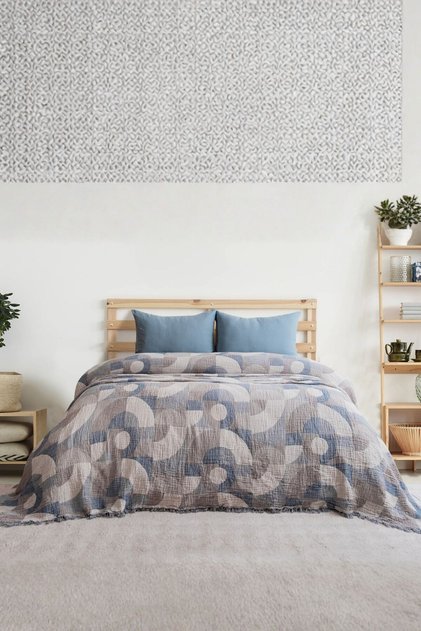4 Layer 100% Cotton Muslin Double Bedspread & Throw – Geometric – Blue