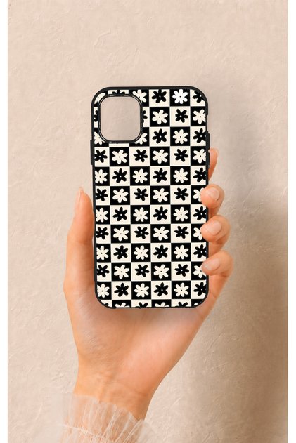 iPhone 11 Compatible Floral Motif Checkered Pattern Silicone Case