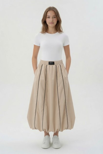 Beige Girls' Basic Balloon Skirt with Stripes on the Sides 24024