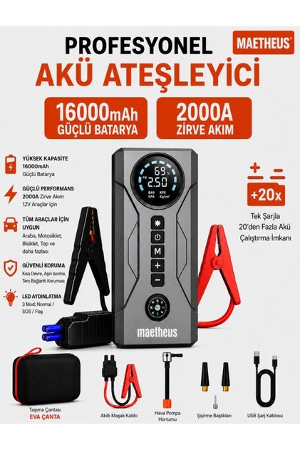 4-in-1 Akü Takviye Cihazı 16000mAh | 150 PSI Kompresör | Powerbank | LCD Ekran | LED Fener | EVA Çanta | 2000A Tepe Akım