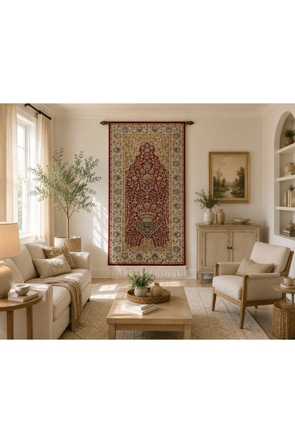 Burgundy Cream 60X120 cm Bamboo Silk Prayer Rug, Luxury Prayer Mat, Multi-Purpose Small Carpet S818B