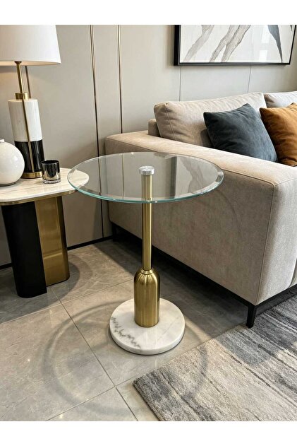 Single Service Table Gold Steel and Glass Top Marble Base