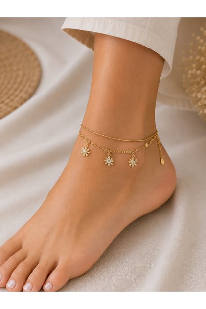 Gold Double Row Flower Dangle Steel Anklet – Adjustable Women's Anklet with Zircon Stones