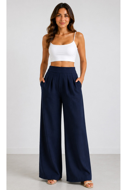 Linen Pants with Pockets and Elastic Waist at the Back