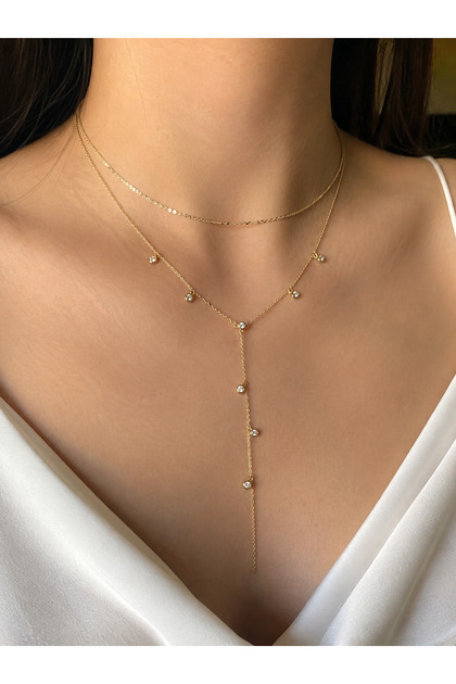 Gold Taşlı Y Kolye Kadın Paslanmaz Zirkon Taşlı Zarif Kolye 36+5 cm