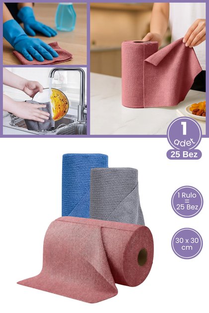 25’li Mikrofiber Temizlik Bezi Rulosu, Yıkanabilir Tüm Yüzeyler için Süper Emici 25 Yaprak 30x30cm