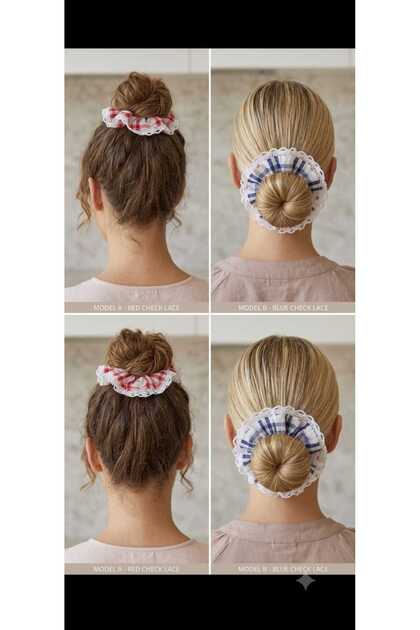 Red & Blue Gingham College Style Scallop Lace Detailed Scruncie Bagel Hair Clip Set - Fashionable Hair Accessory
