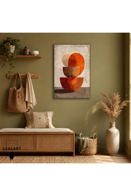 Tekli Dikey Kanvas Tablo Turuncu Kahve Geometrik Daireler Retro Modern Soyut Duvar Dekoru