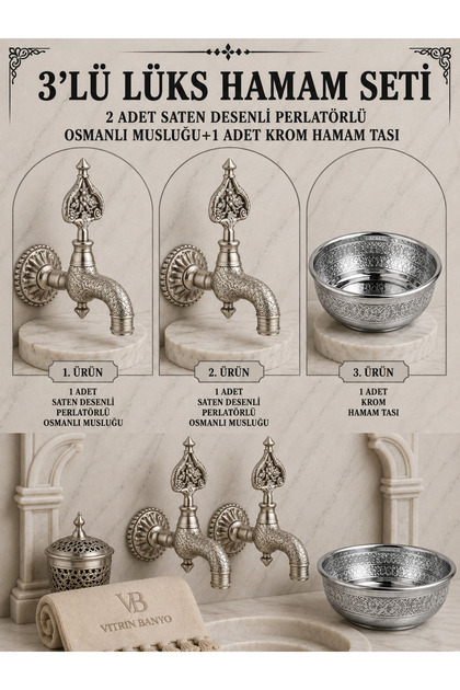 3-Piece Luxury Hammam Set 2 Pieces Satin Patterned Polished Ottoman Faucet + Chrome Hammam Bowl Brass Kurna Faucet Set