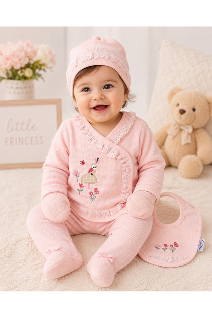100% Cotton Newborn Baby Girl 5-Piece Hospital Discharge Set 100% Cotton Waffle Embroidered Pink Bodysuit Set