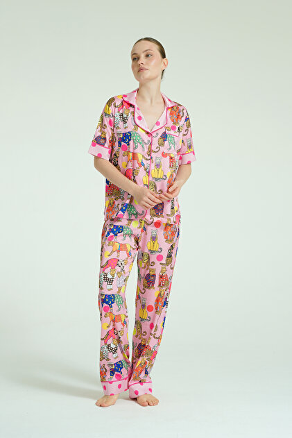 Short Sleeve 4 Piece Satin Pajama Set - Velvet Jungle Muse