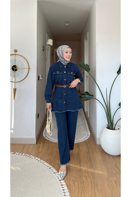 Women's Double Pocket Belted Tassel Detail Pants and Jeans Set