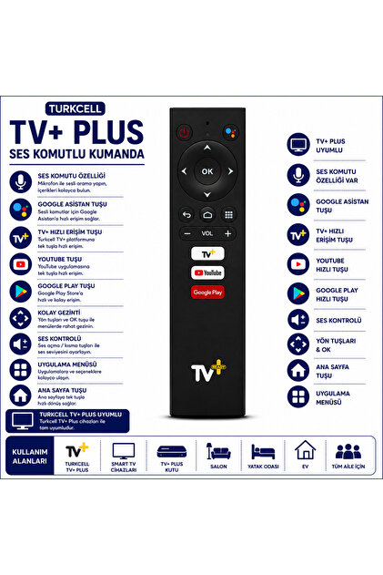 Turkcell TV+ Plus Ses Komutlu Kumanda Google Asistan YouTube Google Play Uyumlu Akıllı TV Kumandası