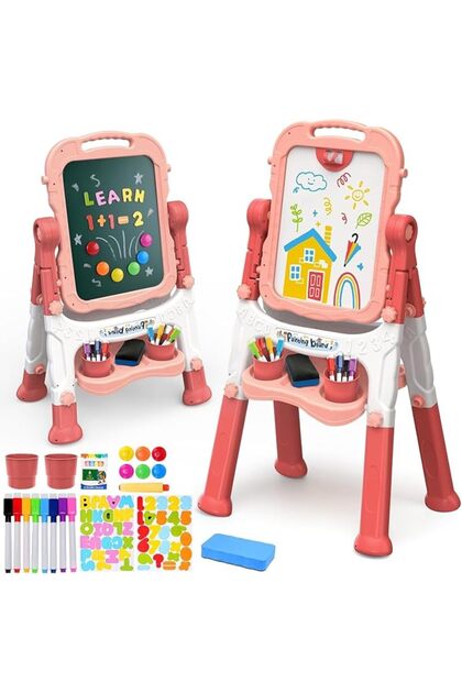 Large Art Easel for Kids, Double-Sided 4In1 Toddler Easel with Rotable Magnetic Chalkboard &
