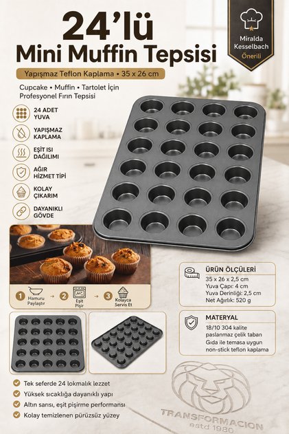 24-Piece Mini Muffin Tray Non-Stick Teflon Coating Stainless Steel Cupcake Tartlet Mold Baking Tray 35X26 cm V
