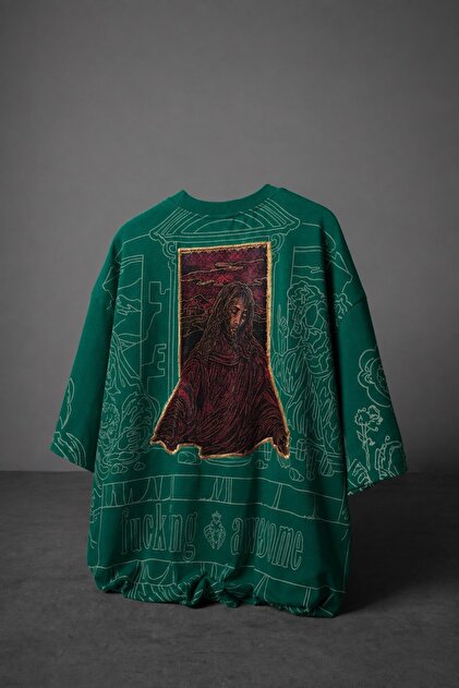 Erkek Yeşil Sanctum Kadife Patch Oversize Tshirt