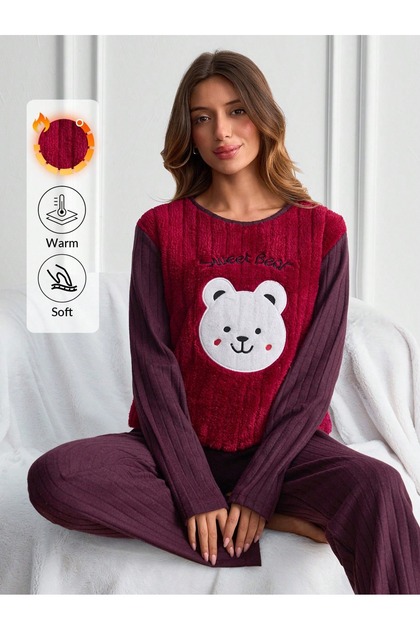 Purple Hello Winter Patterned Women's Plush Pajama Set