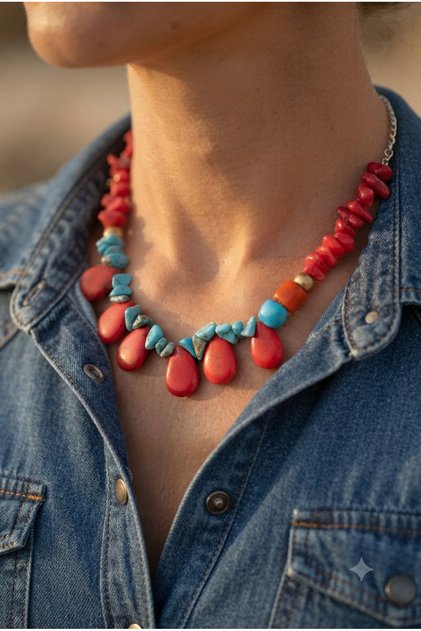 Handmade Special Design Necklace with Drip Coral and Turquoise Natural Stones