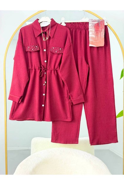 Set pantaloni din in cu șireturi și aplicații de piatră