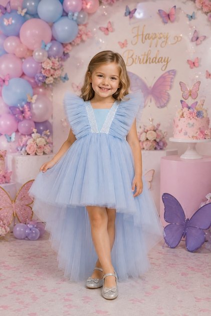 Girl's Short Front, Long Back, Ruffle Sleeve Detailed, Sequin Striped Evening Dress for Ages 3-12, Suitable for Birthdays, Weddings, Graduations, Special Occasions.