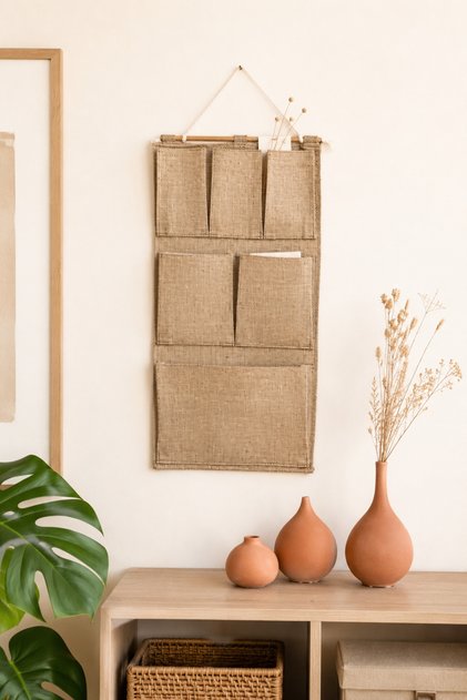 Jute 6-Pocket Hanging Wall Organizer 35 X 65 cm for Inside the Closet, Bathroom Vertical Organizer