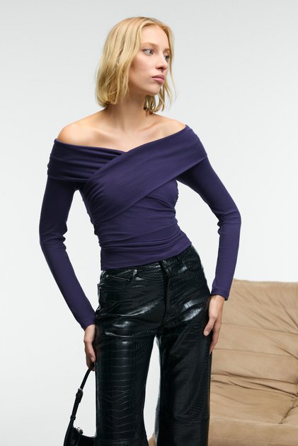 Selunette Women's Asymmetrical Neckline Off-The-Shoulder Stretchy Fabric Bodycon Slim Fit Purple Blouse