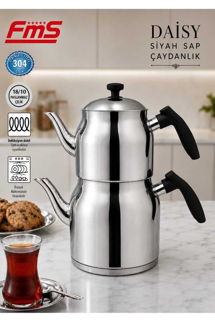 Daisy Mini Boy Çaydanlık | Siyah Sap | 18/10 Paslanmaz Çelik | 1.00 L + 1.50 L |