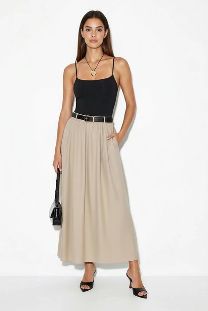 Women's Belt Detailed Flared Cut Long Beige Skirt