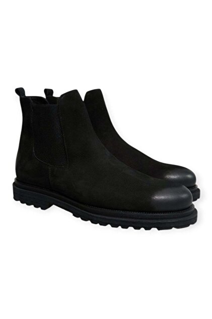 Black Color Laceless Genuine Leather Men's Boots