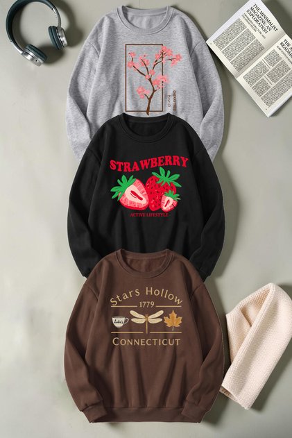 Unisex Mixed Printed Crew Neck Sweatshirt Set – Pack of 3