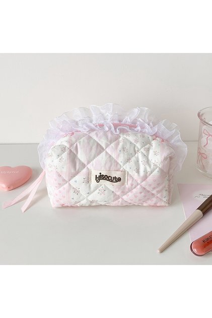 fen Fashion Simple Lace Quilted Makeup Bag Cute Girl Portable Skincare Product Storage Toiletry Bag