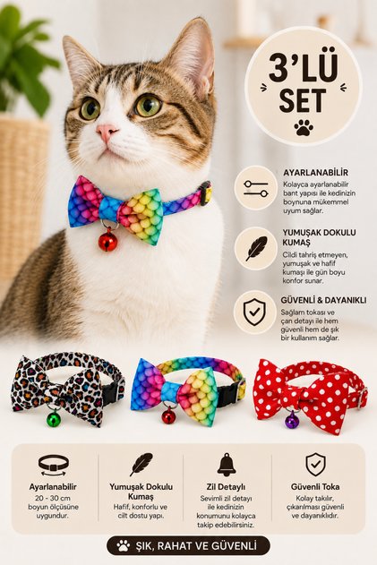 Papyonlu Kedi Boyun Tasmas 3 Lü Set Papyonlu Zilli 17-30 Cm Ayarlanabilir Kedi Papyon Fiyonk