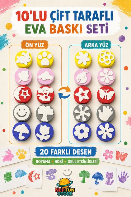 10’lu Çift Taraflı EVA Sünger Baskı Seti – 20 Farklı Şekil, Boya Damgası