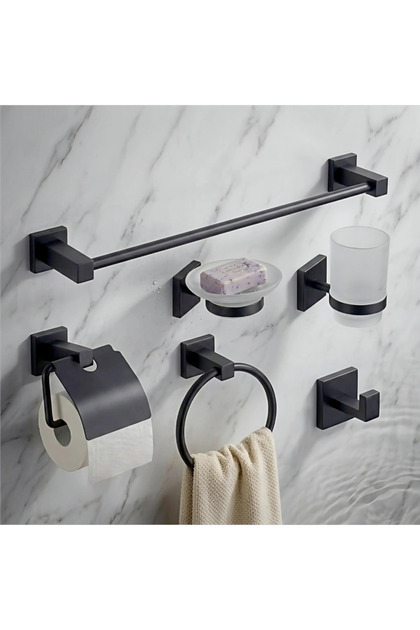 Complete Bathroom Accessory Set 6 Pieces Stainless Steel Black Premium Quality - Helmand