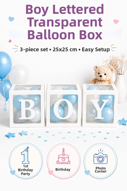 White Box with Boy's Name Written, Transparent Box, Balloon Set, Baby's Birthday Celebration